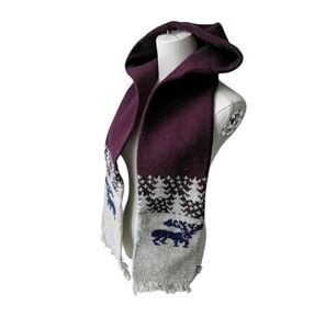 Hooded Knit Scarf with Moose Pattern - Plum and Cream